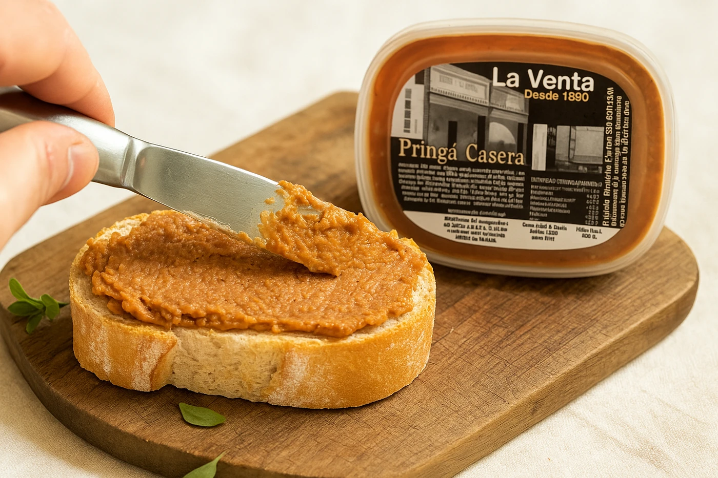 Untando pringá casera sobre pan rústico, producto tradicional ofrecido a través del contacto distribuidor de congelados Sevillana de helados y congelados SL